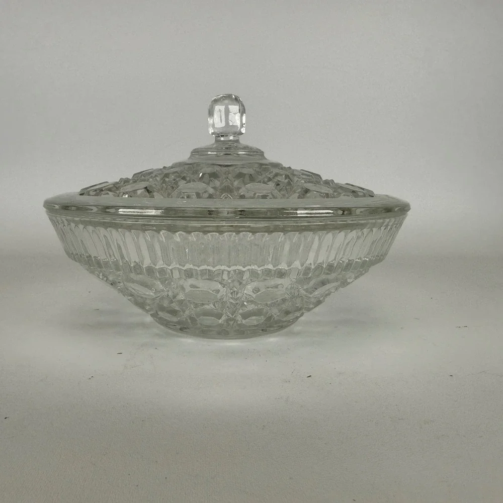 Vintage Clear Pressed Glass Candy Dish with Lid Diamond Point Thumbprint 8 Inch